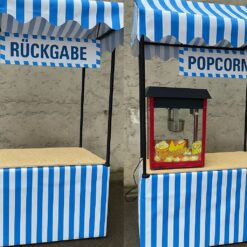 kompakter Marktstand / Aktionsstand / Messestand / Buffetstand / Theke / Infostand / Marktbude / Jahrmarkt 7 kompakter Marktstand bau weiß gestreift mit Beschilderung